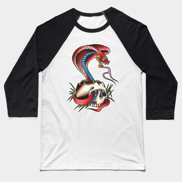 Red Cobra with Skull Tattoo Design Baseball T-Shirt by forevertruetattoo